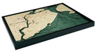 Staten Island, New York 3D layered wood map in laser-cut Baltic birch, shown framed against a light wall