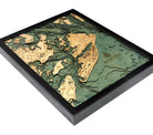 Hilton Head, South Carolina 3D layered wood map in laser-cut Baltic birch, shown framed against a light wall