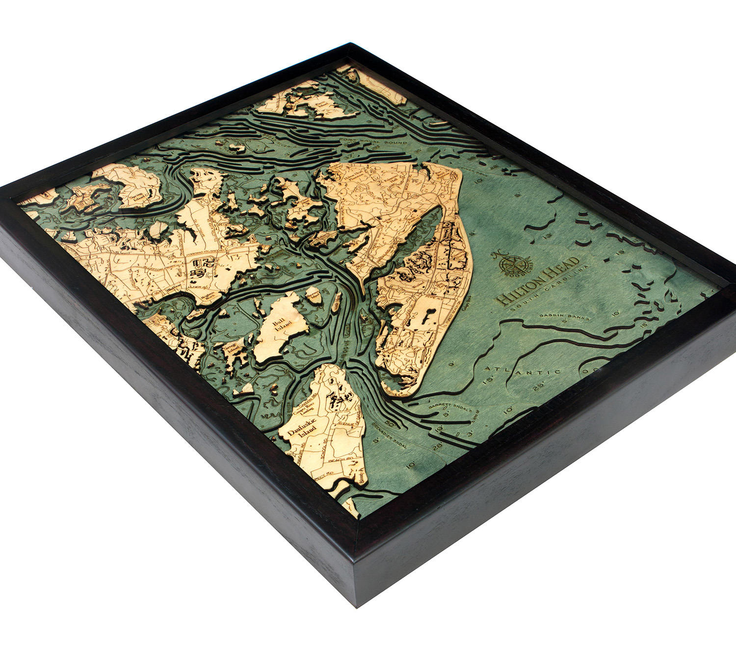 Hilton Head, South Carolina 3D layered wood map in laser-cut Baltic birch, shown framed against a light wall