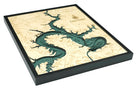 Lake Travis, Texas 3D layered wood map in laser-cut Baltic birch, shown framed against a light wall