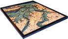 Norfolk, Virginia 3D layered wood map in laser-cut Baltic birch, shown framed against a light wall
