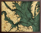 Norfolk, Virginia 3D layered wood map in laser-cut Baltic birch, shown framed against a light wall