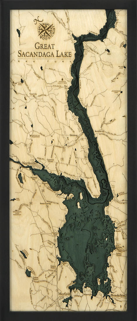 Great Sacandaga Lake, New York 3D layered wood map in laser-cut Baltic birch, shown framed against a light wall