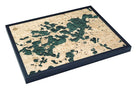 Lake Minnetonka, Minnesota 3D layered wood map in laser-cut Baltic birch, shown framed against a light wall