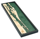 Saint Augustine, Florida 3D layered wood map in laser-cut Baltic birch, shown framed against a light wall