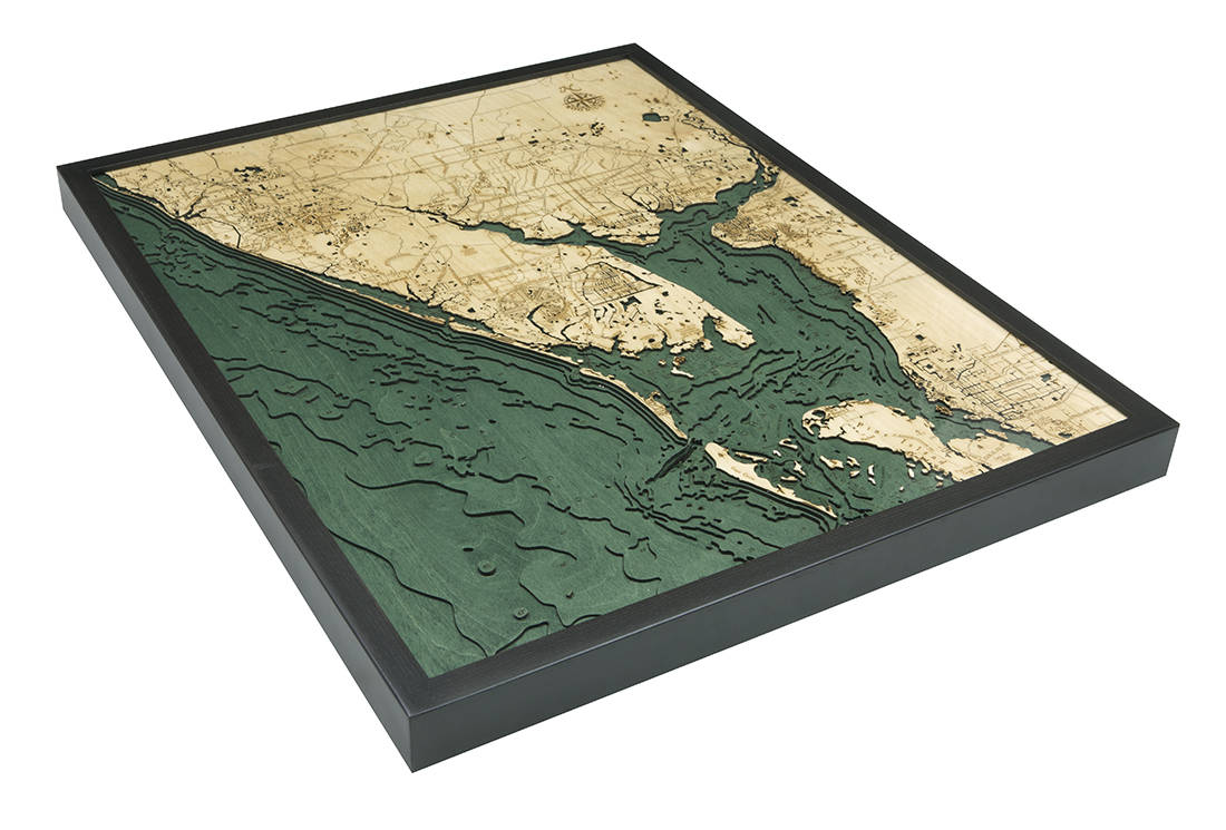 Charlotte Harbor, Florida 3D layered wood map in laser-cut Baltic birch, shown framed against a light wall