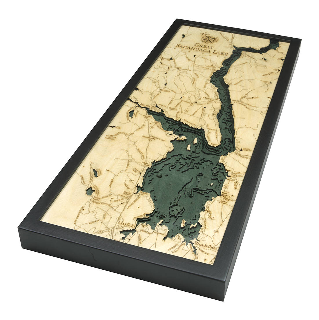 Great Sacandaga Lake, New York 3D layered wood map in laser-cut Baltic birch, shown framed against a light wall