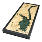 Great Sacandaga Lake, New York 3D layered wood map in laser-cut Baltic birch, shown framed against a light wall