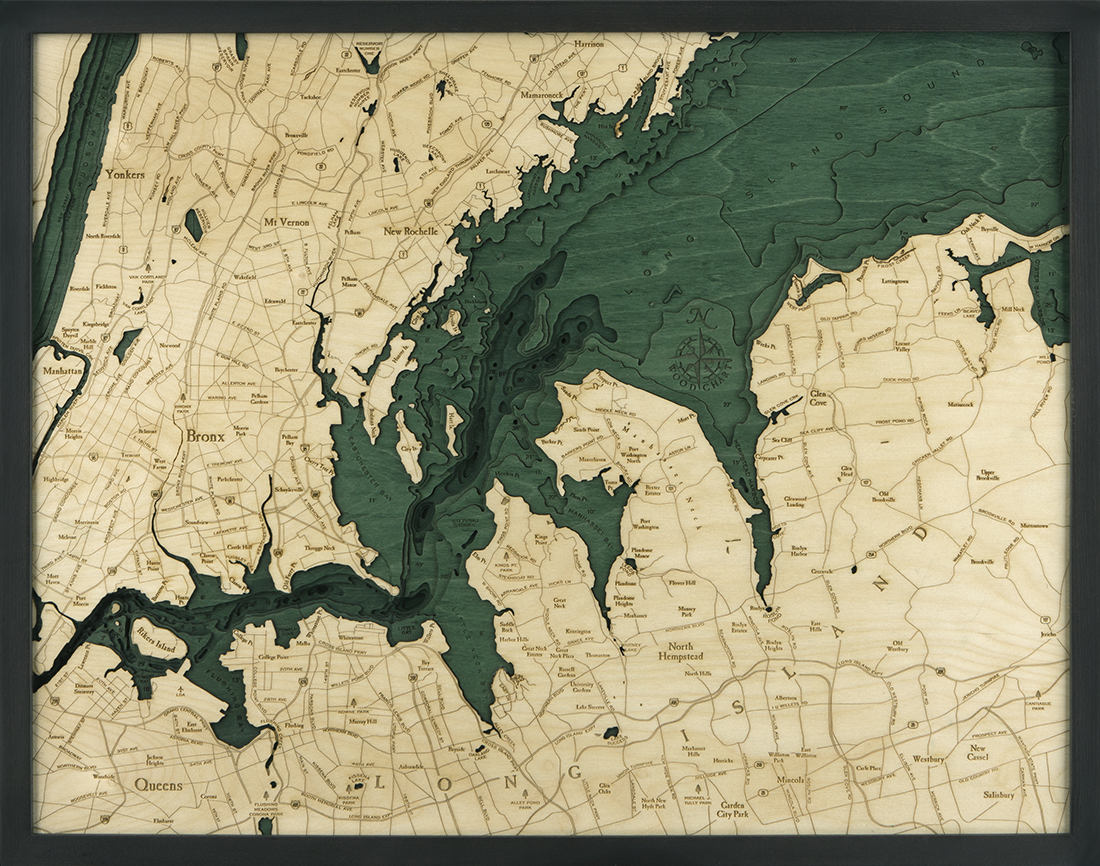 West Long Island, New York 3D layered wood map in laser-cut Baltic birch, shown framed against a light wall