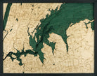 West Long Island, New York 3D layered wood map in laser-cut Baltic birch, shown framed against a light wall