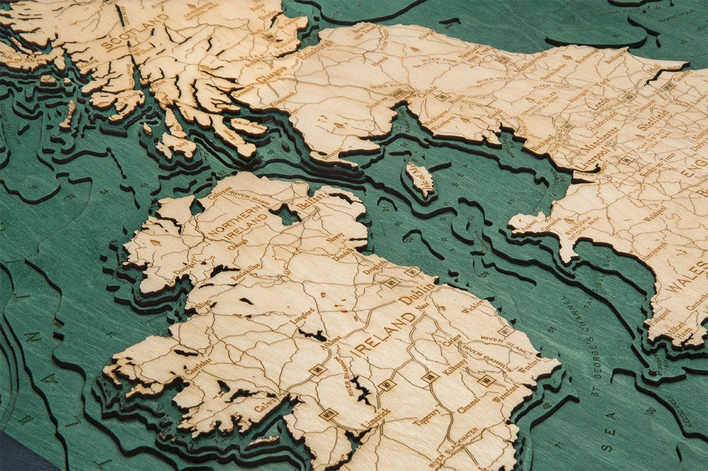United Kingdom Wood Carved Topographic Depth Chart / Map - Nautical Lake Art