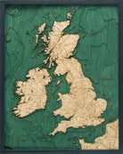 United Kingdom 3D layered wood map in laser-cut Baltic birch, shown framed against a light wall