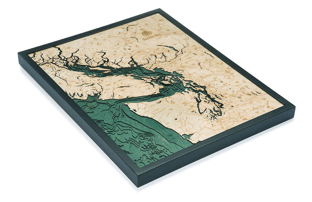Salish Sea, Washington 3D layered wood map in laser-cut Baltic birch, shown framed against a light wall