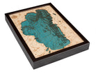Lake Tahoe, California 3D layered wood map in laser-cut Baltic birch, shown framed against a light wall