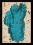 Lake Tahoe, California 3D layered wood map in laser-cut Baltic birch, shown framed against a light wall