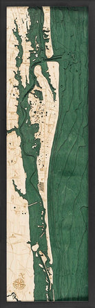 Saint Augustine, Florida 3D layered wood map in laser-cut Baltic birch, shown framed against a light wall