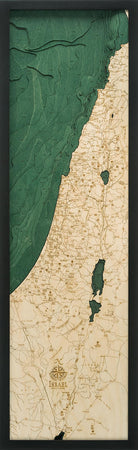 Israel 3D layered wood map in laser-cut Baltic birch, shown framed against a light wall