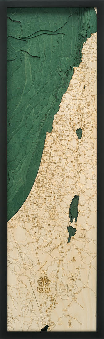 Israel 3D layered wood map in laser-cut Baltic birch, shown framed against a light wall