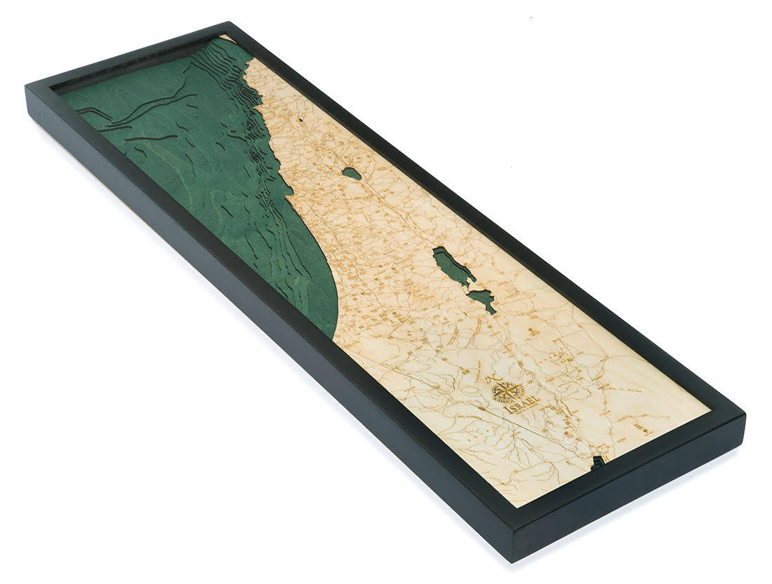Israel 3D layered wood map in laser-cut Baltic birch, shown framed against a light wall