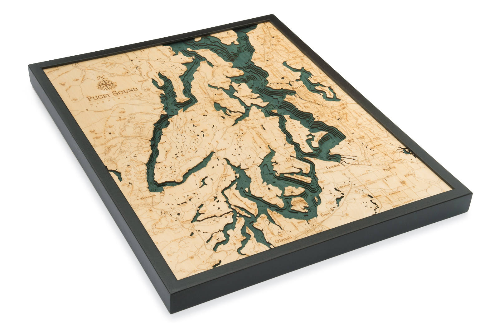 Puget Sound, Washington 3D layered wood map in laser-cut Baltic birch, shown framed against a light wall