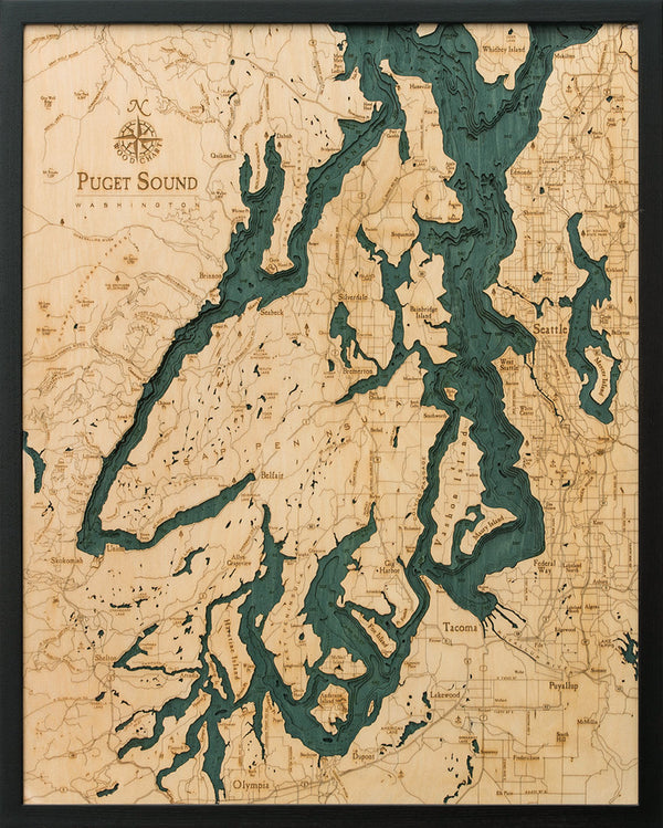 Puget Sound Wood Carved Topographic Map - Nautical Lake Art