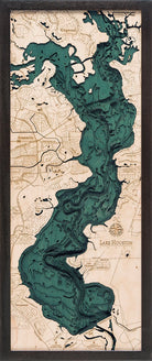 Lake Houston, Texas 3D layered wood map in laser-cut Baltic birch, shown framed against a light wall