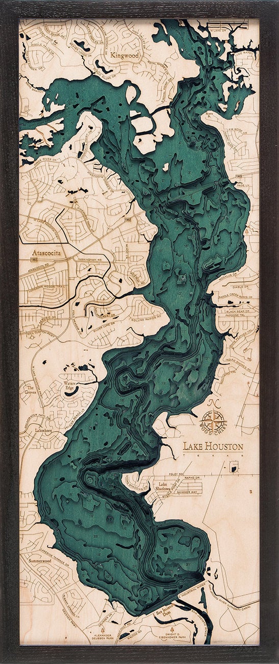 Lake Houston, Texas 3D layered wood map in laser-cut Baltic birch, shown framed against a light wall