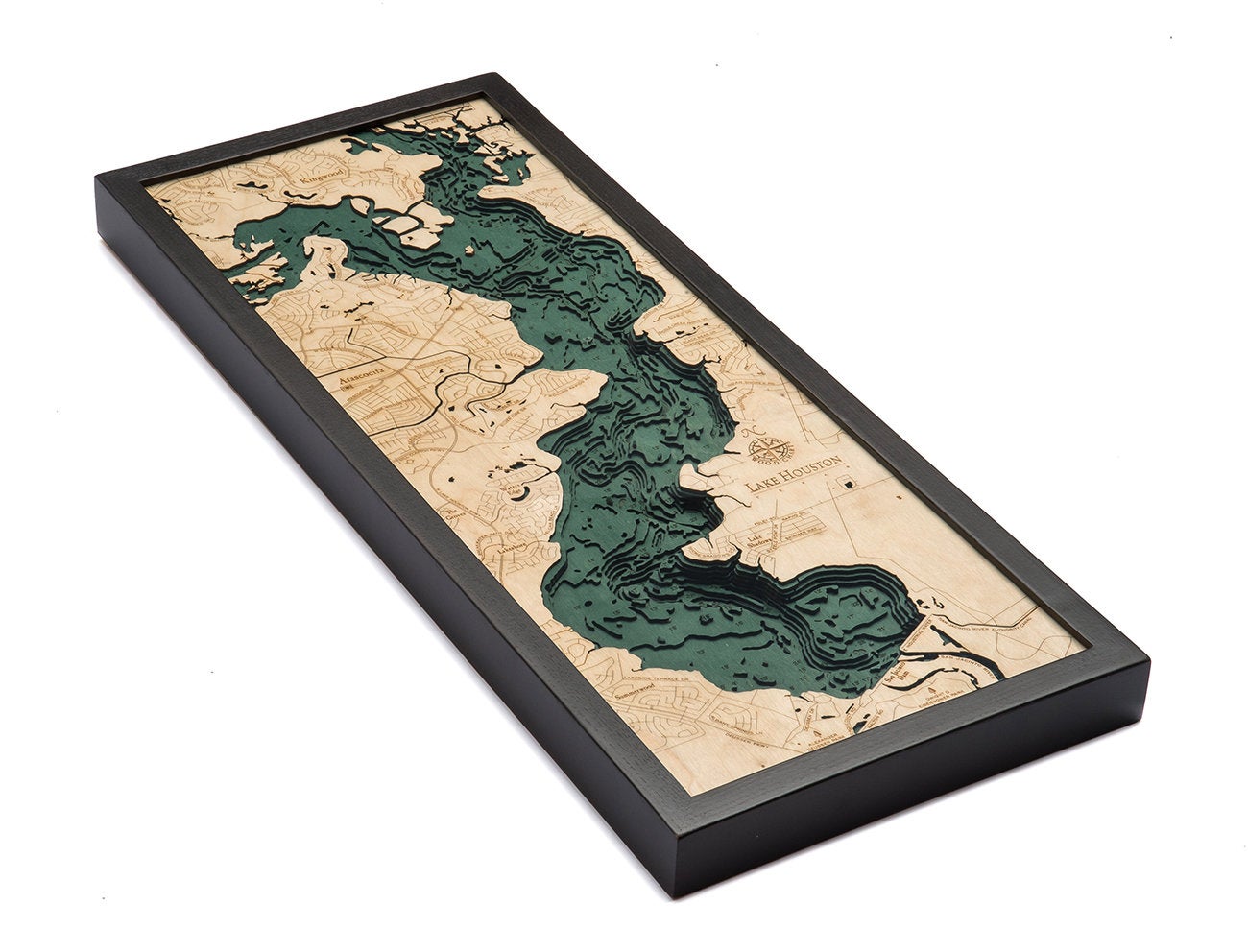 Lake Houston, Texas 3D layered wood map in laser-cut Baltic birch, shown framed against a light wall