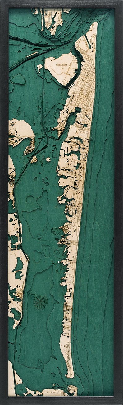 Galveston, Texas 3D layered wood map in laser-cut Baltic birch, shown framed against a light wall