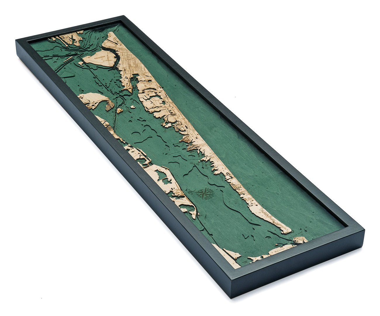 Galveston, Texas 3D layered wood map in laser-cut Baltic birch, shown framed against a light wall