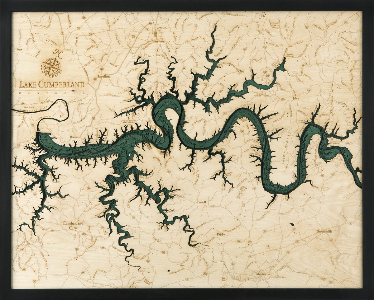 Lake Cumberland, Kentucky 3D layered wood map in laser-cut Baltic birch, shown framed against a light wall