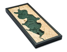 White Rock Lake, Texas 3D layered wood map in laser-cut Baltic birch, shown framed against a light wall