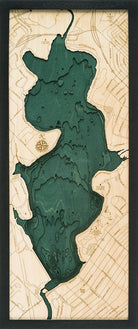 White Rock Lake, Texas 3D layered wood map in laser-cut Baltic birch, shown framed against a light wall