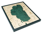 Lake Tahoe, California 3D layered wood map in laser-cut Baltic birch, shown framed against a light wall