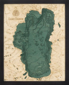 Lake Tahoe, California 3D layered wood map in laser-cut Baltic birch, shown framed against a light wall