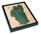 Lake Tahoe, California 3D layered wood map in laser-cut Baltic birch, shown framed against a light wall