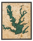Lewisville Lake, Texas 3D layered wood map in laser-cut Baltic birch, shown framed against a light wall