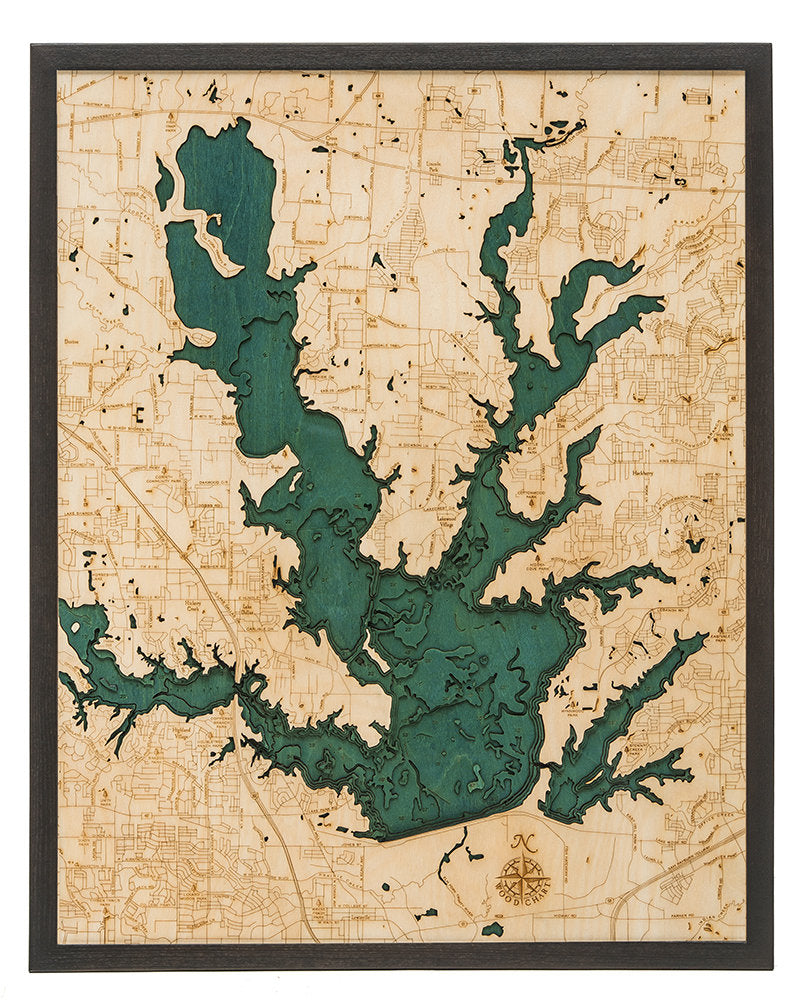 Lewisville Lake, Texas 3D layered wood map in laser-cut Baltic birch, shown framed against a light wall