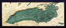Lake Ontario 3D layered wood map in laser-cut Baltic birch, shown framed against a light wall