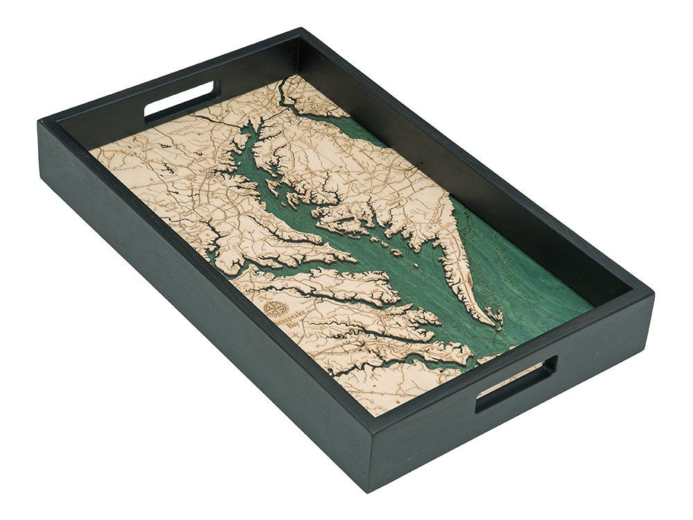 Chesapeake Bay, Maryland wood serving tray in laser-cut Baltic birch, shown framed against a light wall