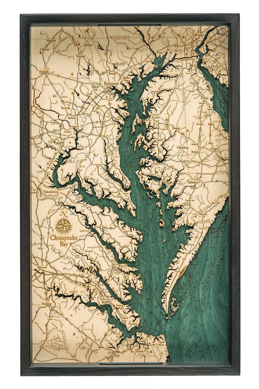 Chesapeake Bay, Maryland wood serving tray in laser-cut Baltic birch, shown framed against a light wall