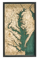 Chesapeake Bay, Maryland wood serving tray in laser-cut Baltic birch, shown framed against a light wall