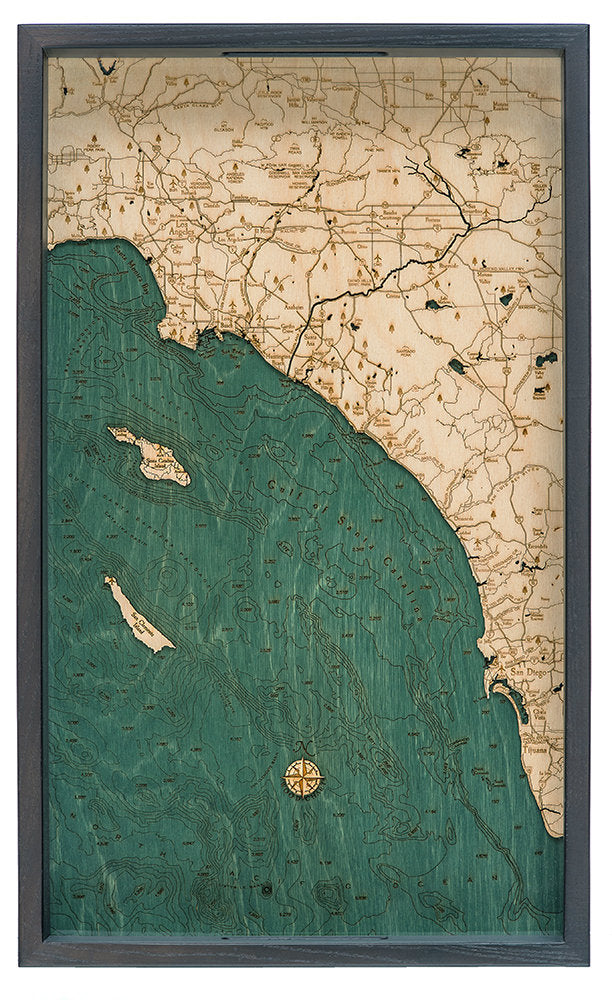LA to San Diego, California wood serving tray in laser-cut Baltic birch, shown framed against a light wall
