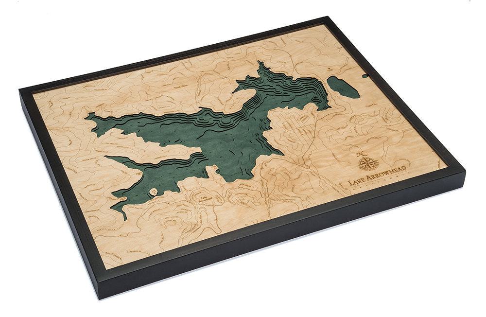 Lake Arrowhead, California 3D layered wood map in laser-cut Baltic birch, shown framed against a light wall