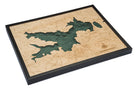 Lake Arrowhead, California 3D layered wood map in laser-cut Baltic birch, shown framed against a light wall