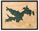 Lake Arrowhead, California 3D layered wood map in laser-cut Baltic birch, shown framed against a light wall