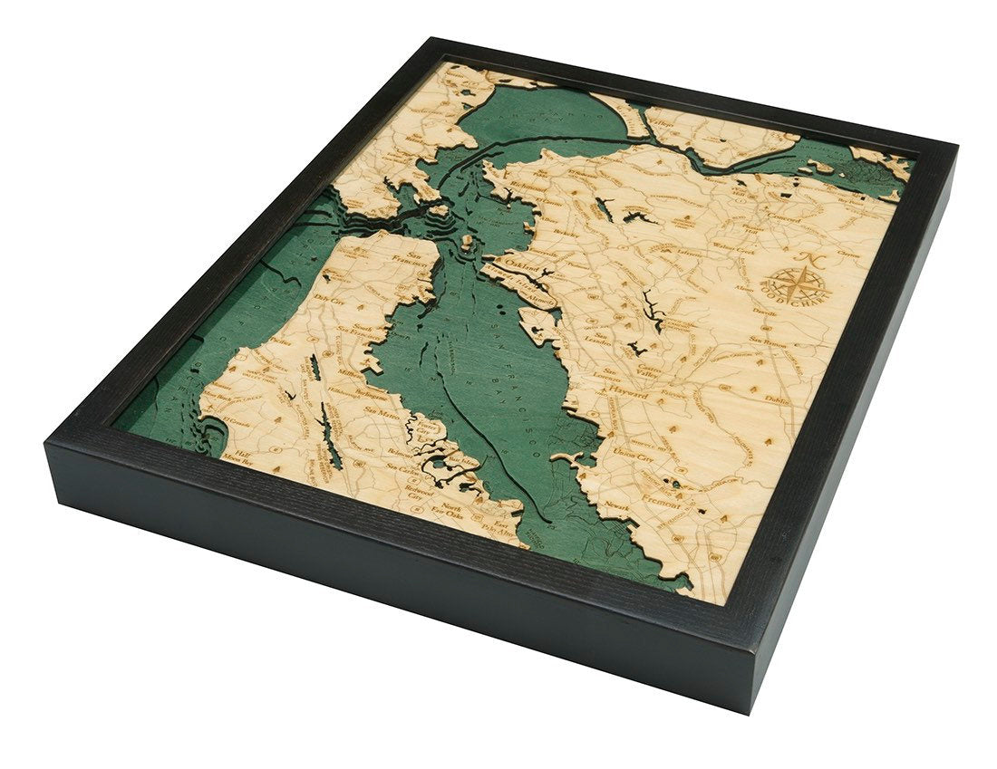 San Francisco, California 3D layered wood map in laser-cut Baltic birch, shown framed against a light wall