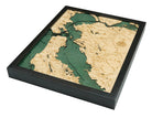 San Francisco, California 3D layered wood map in laser-cut Baltic birch, shown framed against a light wall