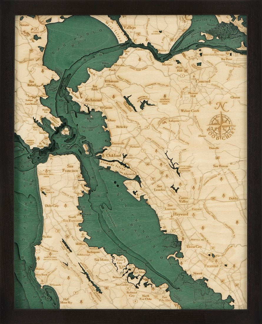 San Francisco, California 3D layered wood map in laser-cut Baltic birch, shown framed against a light wall