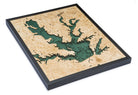 Lewisville Lake, Texas 3D layered wood map in laser-cut Baltic birch, shown framed against a light wall